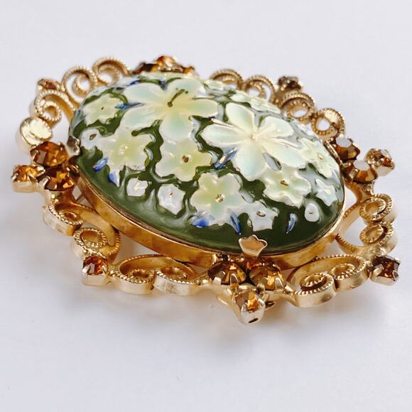 VTG Juliana D&E Brooch Signed Celebrity NY Enamel Porcelain Floral Gold Tone 60s - Picture 7 of 14
